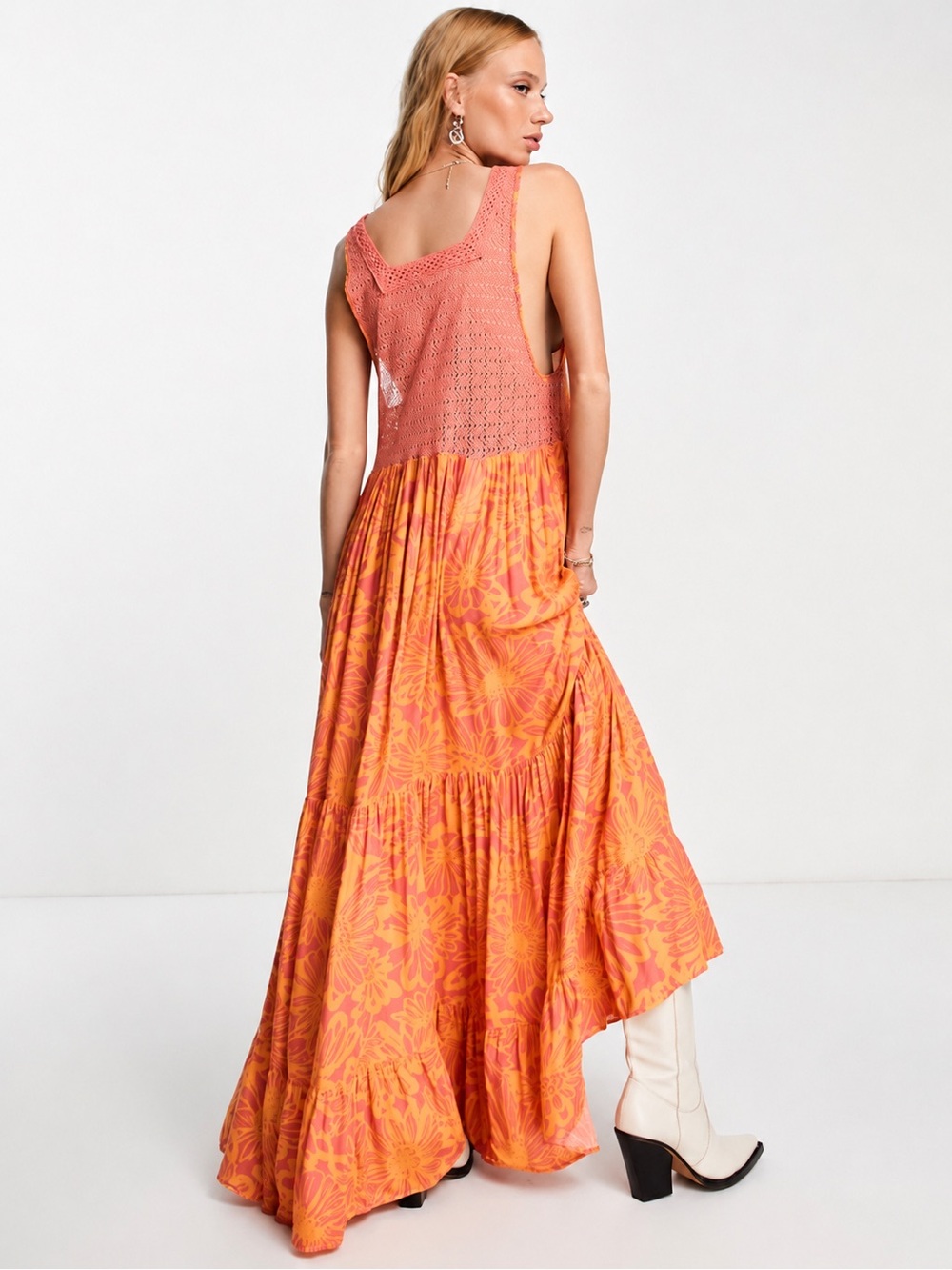 Free People | European Summer Tiers for You Printef Orange-Pink Maxi Dress Large - Picture 4 of 9